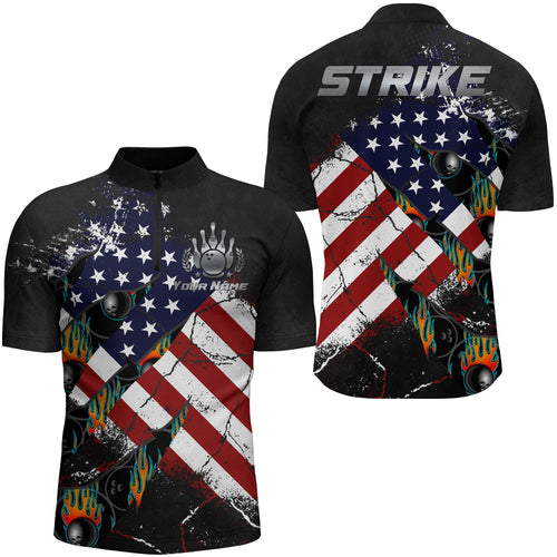 American Flag Bowling Shirt for Men Custom Bowling Jersey Strike Patriot League Bowlers Quarter-Zip NBZ151