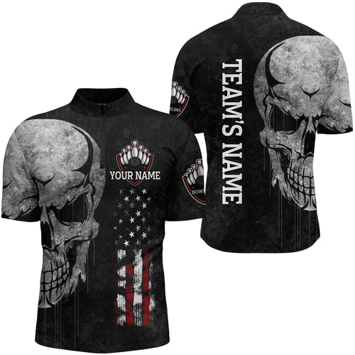 Men's Skull Bowling Shirt Quarter-Zip, Patriotic Custom Name Men Bowlers Jersey American Flag NBZ93