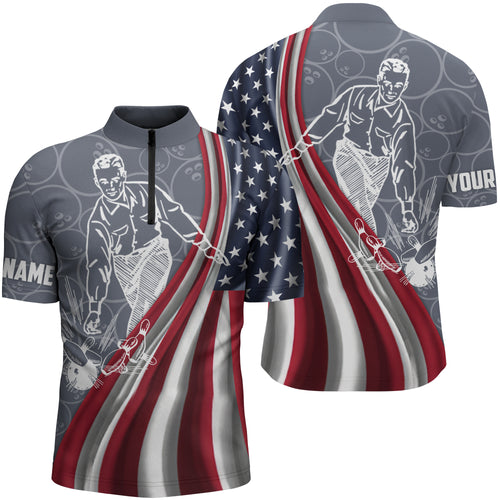 Patriotic Men's Bowling Shirt Quarter-Zip, American Flag Custom Name Bowlers Jersey Short Sleeve NBZ97