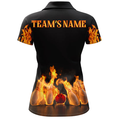 Custom Fire Bowling Shirt for Women Flame Bowling Jersey with Name League Bowling Ladies Polo Shirt NBP174