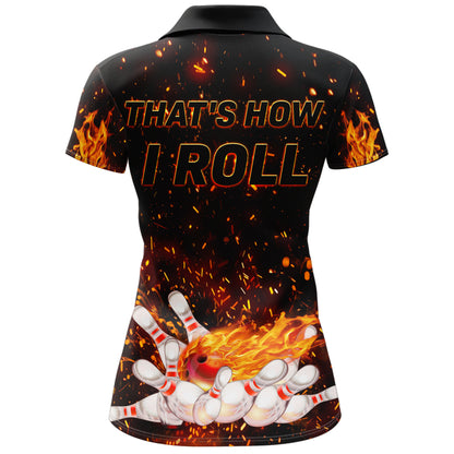 Flame Polo Bowling Shirt for Women, Personalized Black Bowling Jersey for Female Bowlers NBP139