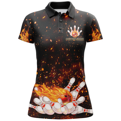Flame Polo Bowling Shirt for Women, Personalized Black Bowling Jersey for Female Bowlers NBP139