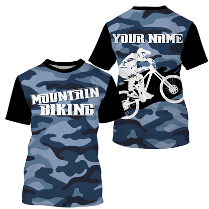 Unisex Mountain Biking Jersey - Custom Name Blue Camo MTB Jersey Cycling Shirt for Cyclist Bike Riders JTS415