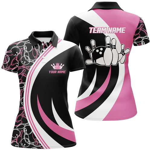 Pink Bowling Polo Shirt For Women Seamless Pattern Bowling Jersey Custom Bowling Team Shirt BDT104