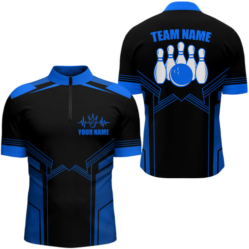 Blue Bowling Quarter Zip Shirt For Men Custom Name Bowling Jersey Men 1/4 Zip Bowling Team Shirt BDT57