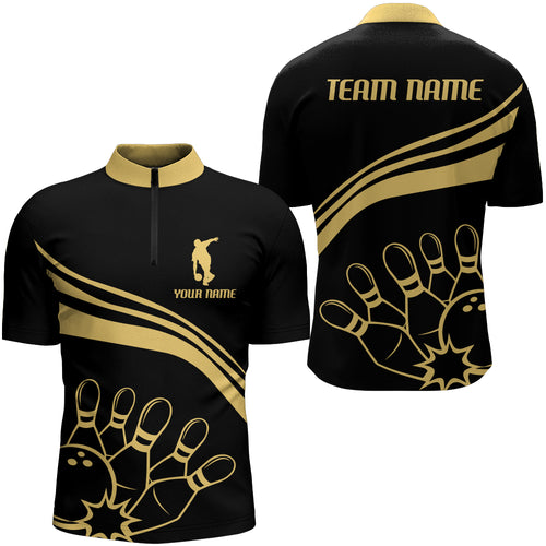 Black&Gold Bowling Quarter-Zip Shirt Men Custom Bowling Jersey Vintage Bowling Team League Shirt BDT116