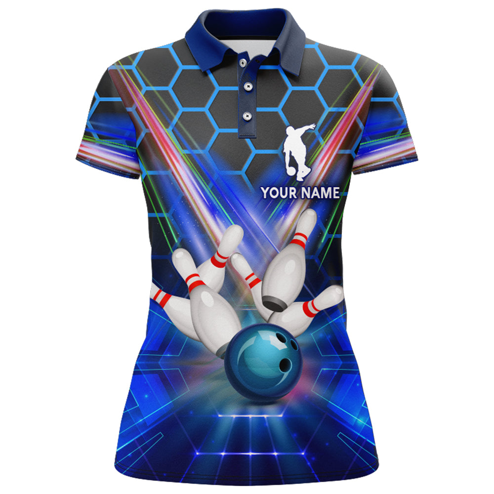 Blue Bowling Shirt For Women Custom Name Polo Bowling Jersey 3D Ladies Bowling Team Shirt BDT44
