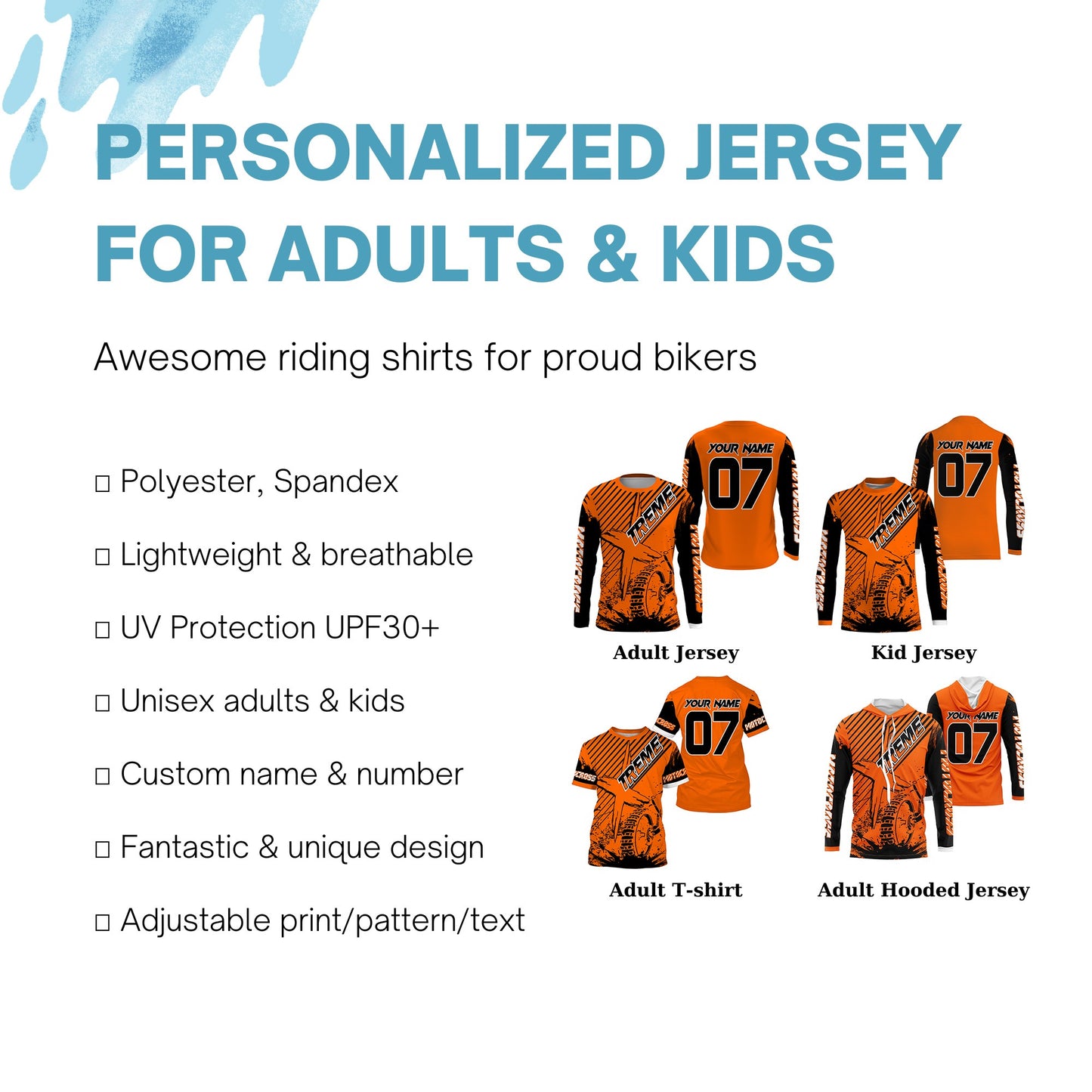 Custom orange MX jersey shirt UV protective extreme kid adult motocross bike racing motorcycle PDT37