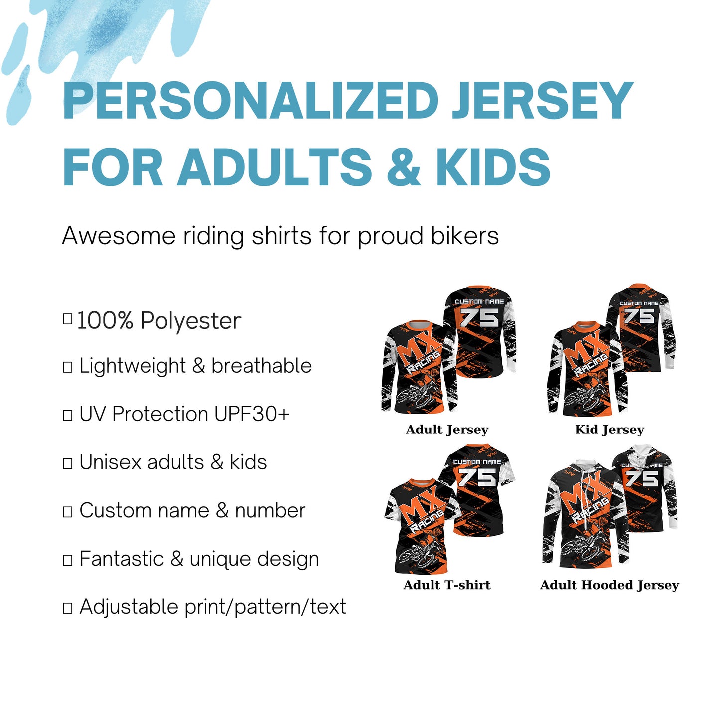 Orange Motocross Jersey Custom Dirt Bike Shirt UPF30+ Kid Men Women MX Racing Off-Road Racewear PDT376