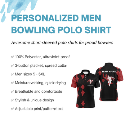 Men Polo Bowling Shirt Personalized Name, Red&Black Bowler Team Jersey for Bowling Lovers NBP22