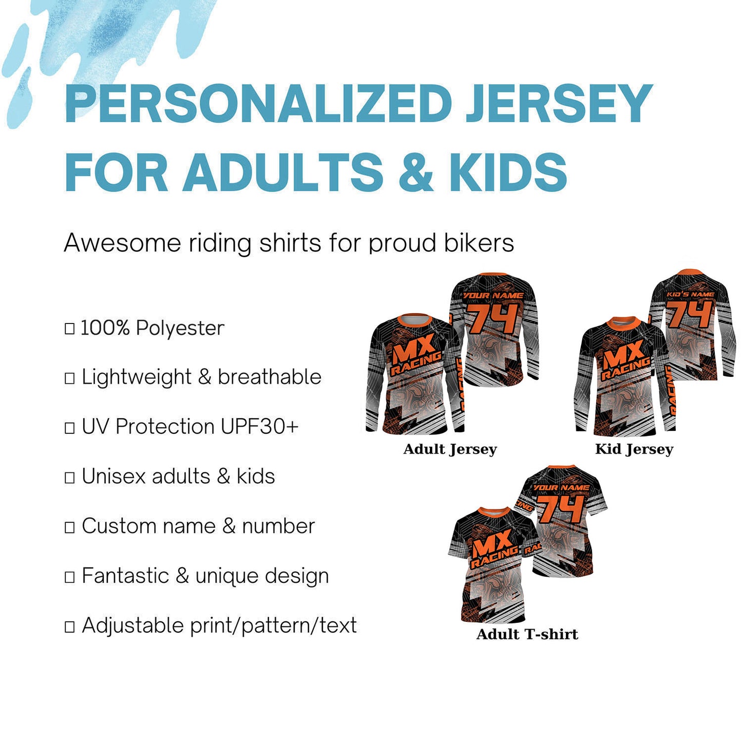 Youth men orange personalized Motocross riding jersey dirt bike off-road shirt  UPF30+ motorcycle PDT131