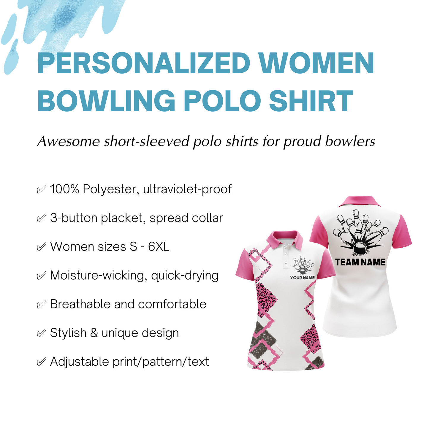 Personalized Women Polo Bowling Shirt Pink Leopard Girl Short Sleeve Team Female Bowlers Jersey NBP07