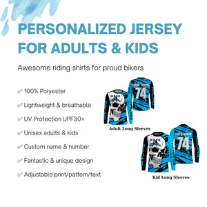 Skull MotoX Jersey Custom Motocross UPF30+ Blue Dirt Bike Racing Motorcycle Bikers Racewear NMS1265