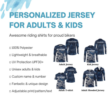 Men women kids jersey for dirt bike custom UPF30+ blue motocross racing xtreme off-road motorcycle PDT102