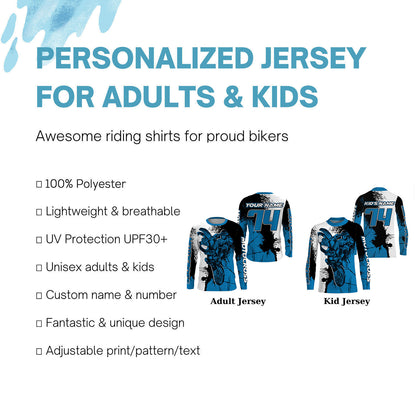 Personalized Motocross jersey blue UPF30+ adult kid racing long sleeves dirt bike motorcycle shirt NMS1075