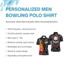 Load image into Gallery viewer, Personalized Men Flame Polo Bowling Shirt Cool Skull Pins Black Bowling Short Sleeve Men Bowlers NBP02