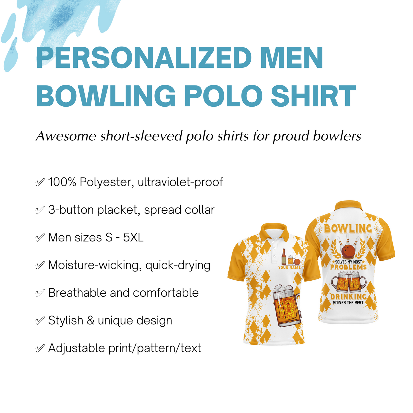 Funny Beer Bowling Shirt Men Polo, Personalized Team Short Sleeves Men Bowlers Jersey NBP18