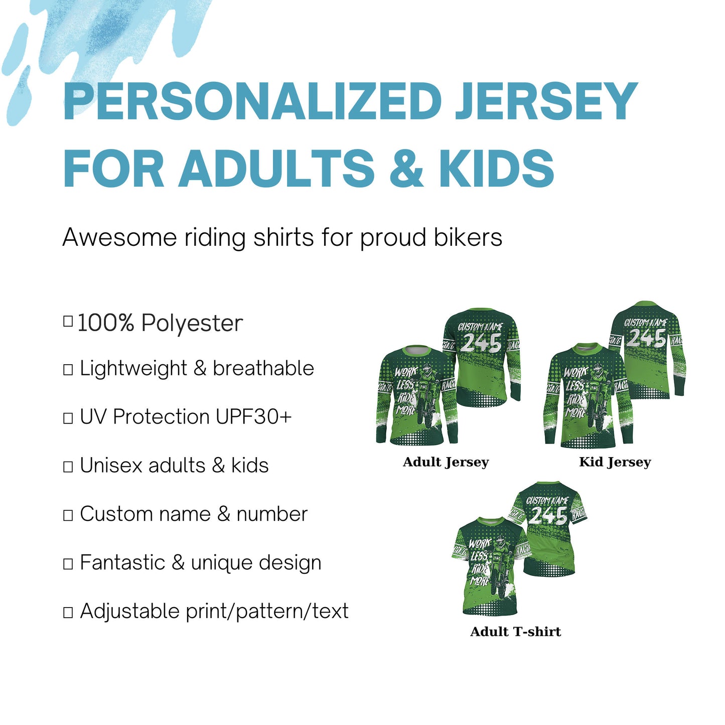 Work Less Ride More custom dirt bike kid men women jersey UPF30+ extreme Motocross shirt PDT343