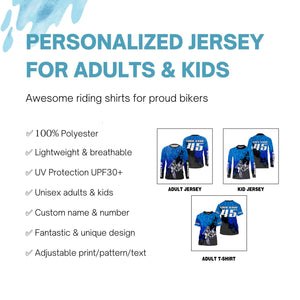 Motocross jersey custom name number kids boys girls UV extreme blue MX shirt off-road motorcycle PDT143