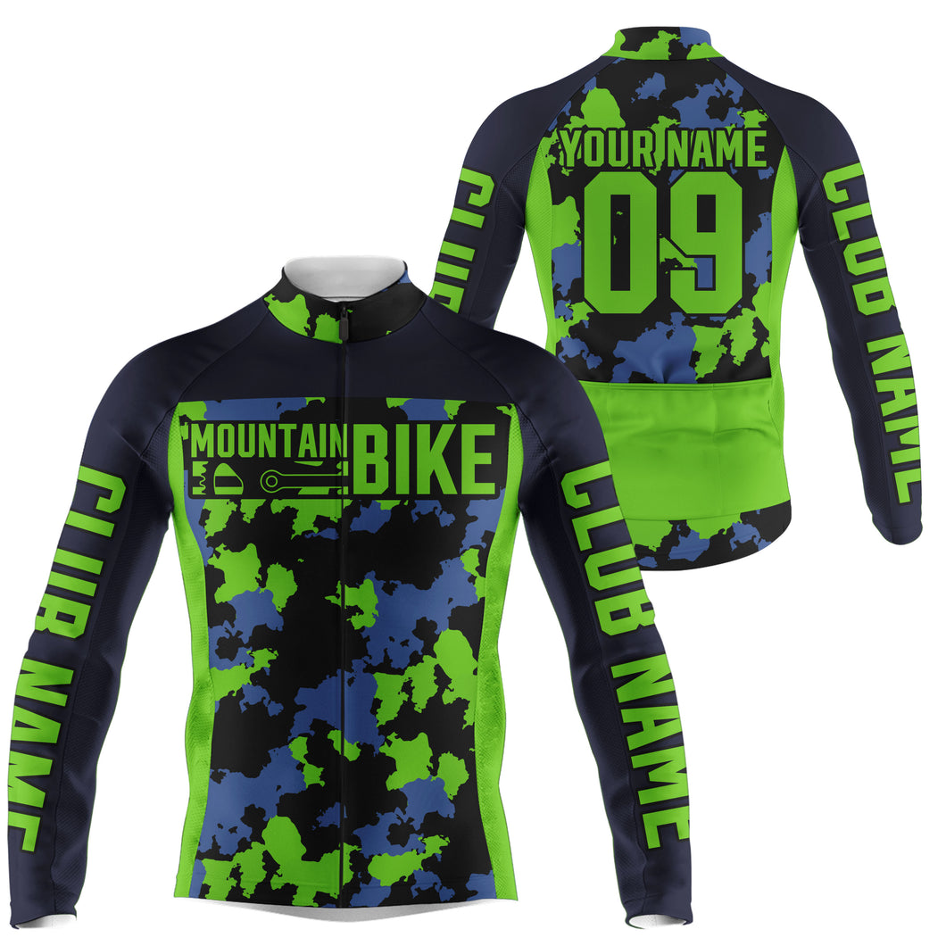 Mens mountain bike jersey UPF50+ Green camo MTB gear Breathable biking tops with pockets & full zip| SLC89