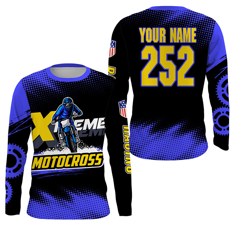 Men women kid Motocross jersey UPF30+ blue extreme personalized MX riding shirt biker off-road PDT242