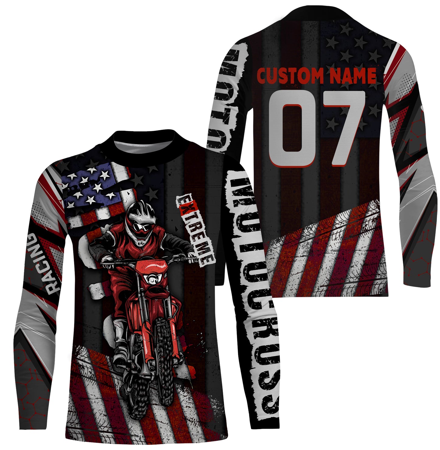 Personalized Motocross Jersey UPF30+, American Flag Dirt Bike Racing Shirt, Off-Road Rider Racewear| NMS400