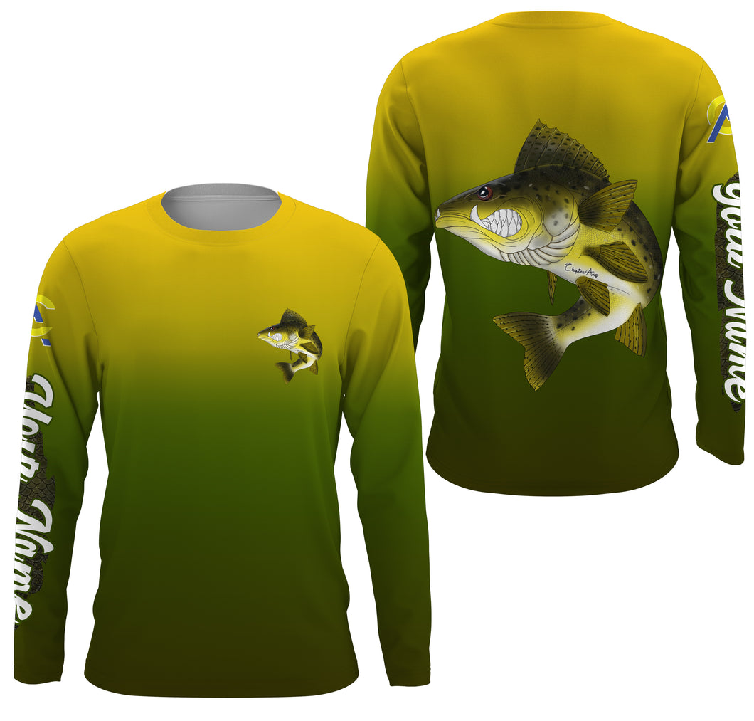 Walleye fishing ChipteeAmz's art custom name with angry Walleye fish art UV protection shirts AT029