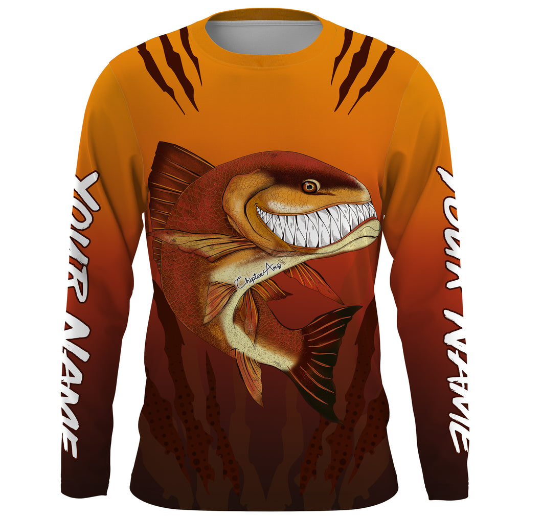 Redfish puppy drum fishing art custom name with angry redfish ChipteeAmz's art UV protection shirts AT030