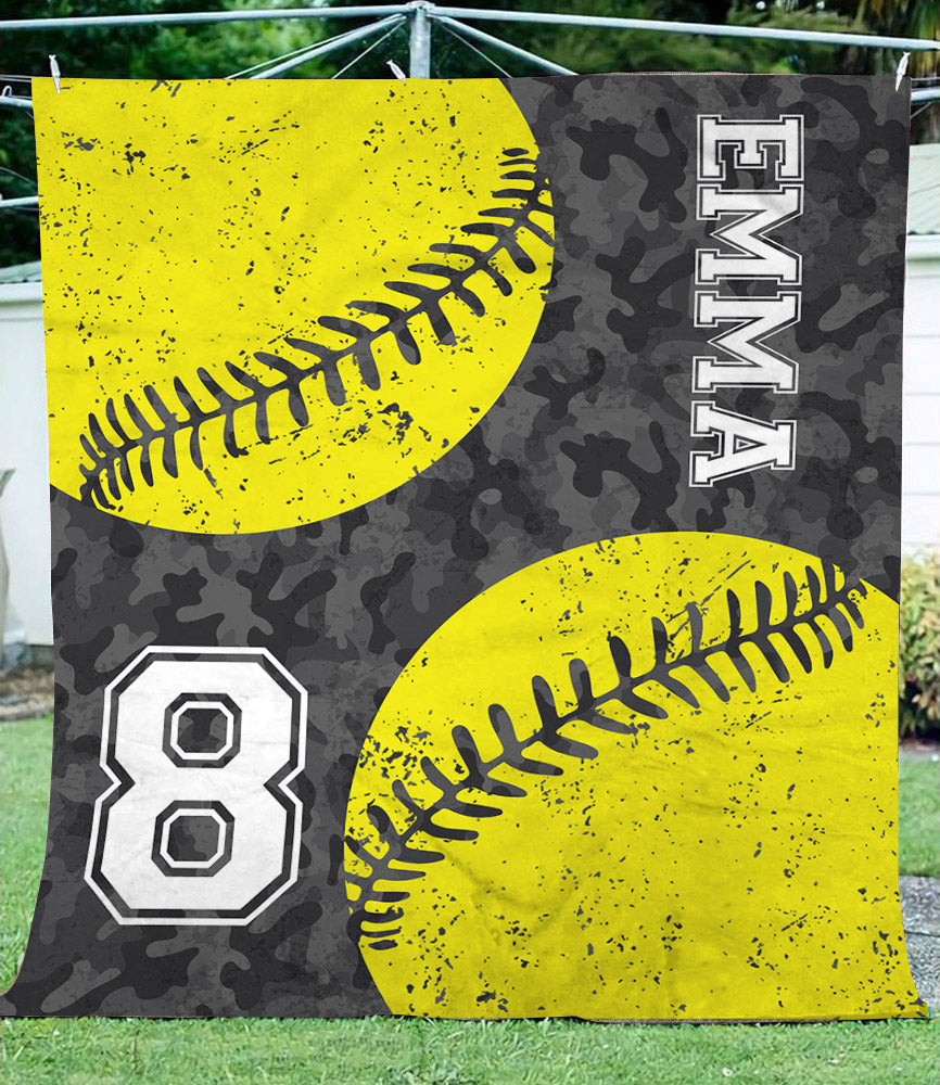 Personalized name and number softball camo fleece blanket
