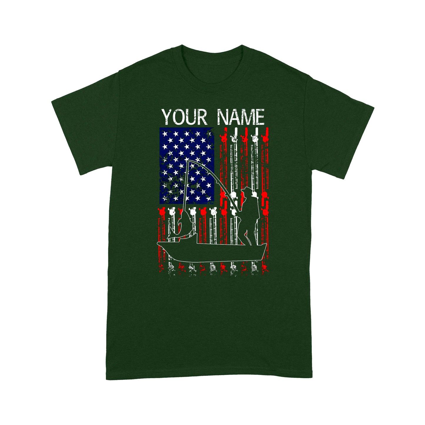 American flag fisherman kayak fishing custom name US fishing rod D05 NQS1244- Standard T-shirt