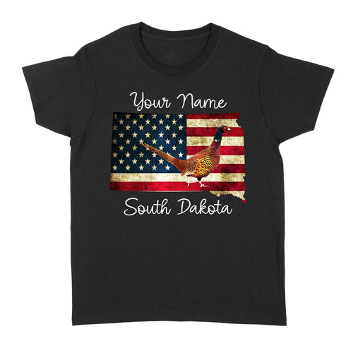 Pheasant hunting shirt South Dakota American Flag bird hunter custom name T-shirt - FSD1162