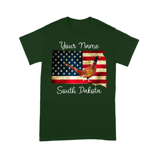 Pheasant hunting shirt South Dakota American Flag bird hunter custom name T-shirt - FSD1162 D06