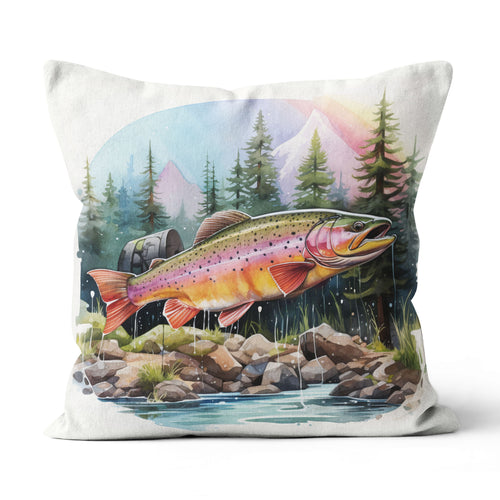 Rainbow Trout Fishing Camp Watercolor Painting Style Printed Pillow, Steelhead Fishing Cabin Decor IPHW5706